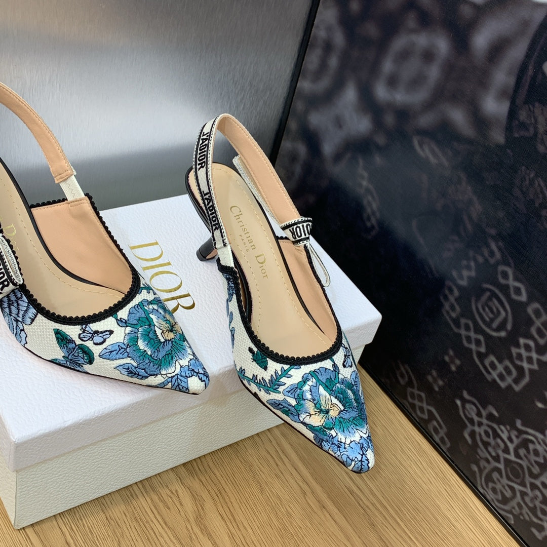 JAdior Slingback Pump 65 Pastel Midnight Blue Multicolor Embroidered Cotton with Toile de Jouy Mexico Motif