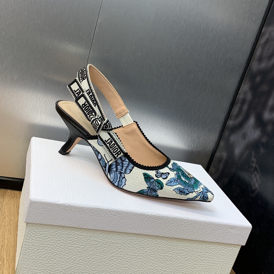 JAdior Slingback Pump 65 Pastel Midnight Blue Multicolor Embroidered Cotton with Toile de Jouy Mexico Motif