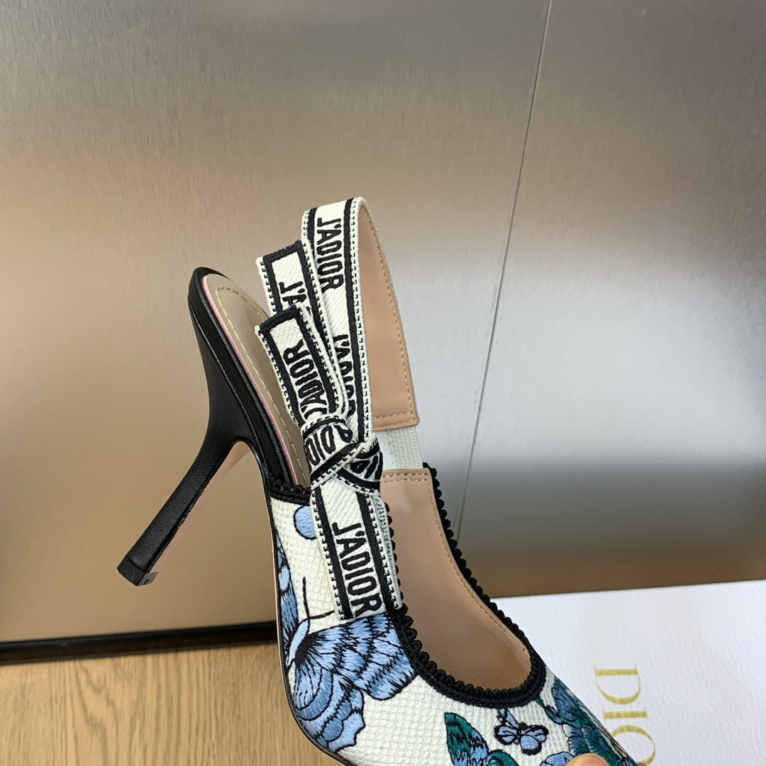 JAdior Slingback Pump 95 Pastel Midnight Blue Multicolor Embroidered Cotton with Toile de Jouy Mexico Motif