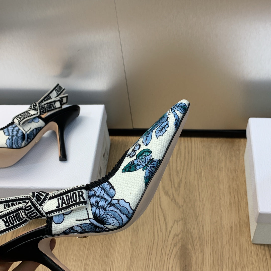 JAdior Slingback Pump 95 Pastel Midnight Blue Multicolor Embroidered Cotton with Toile de Jouy Mexico Motif