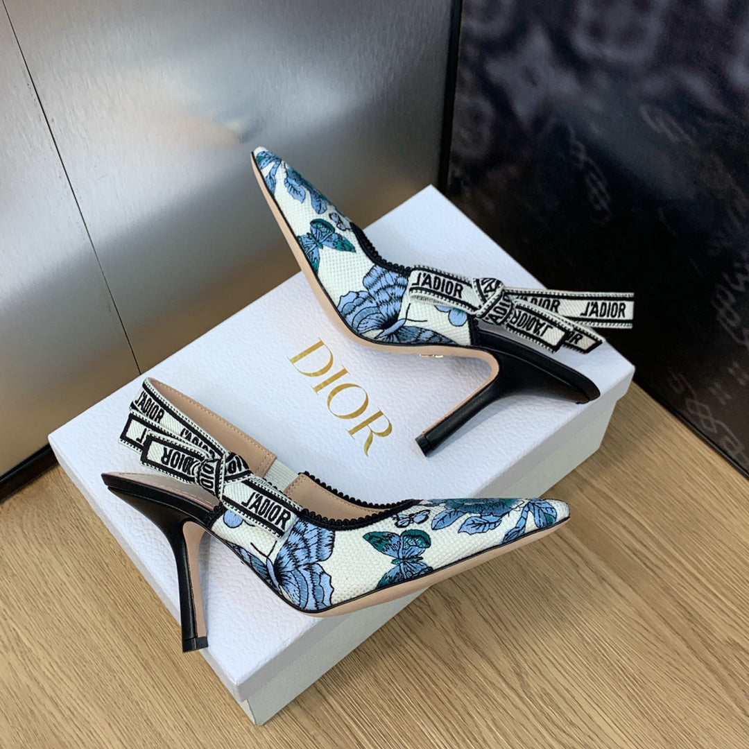 JAdior Slingback Pump 95 Pastel Midnight Blue Multicolor Embroidered Cotton with Toile de Jouy Mexico Motif