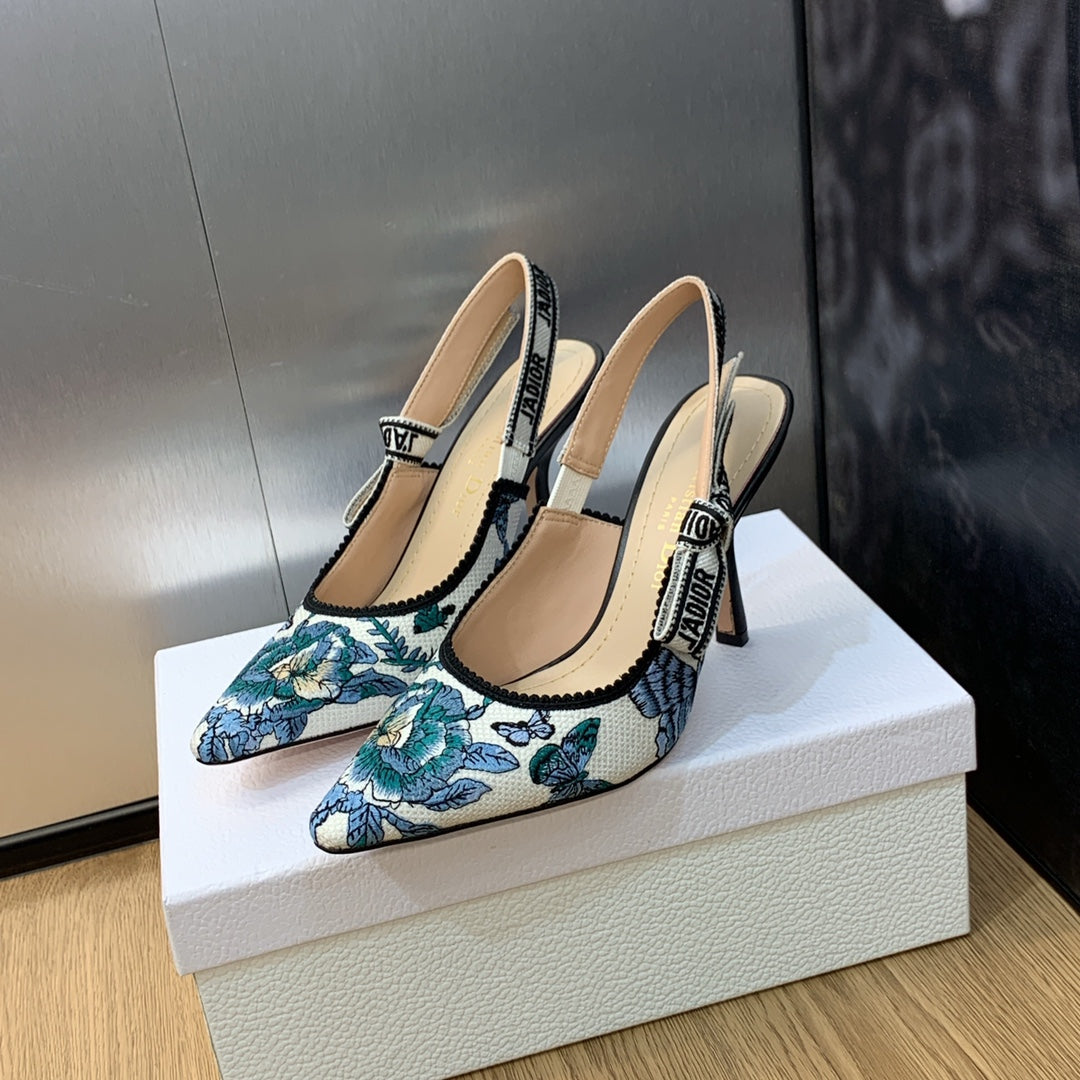 JAdior Slingback Pump 95 Pastel Midnight Blue Multicolor Embroidered Cotton with Toile de Jouy Mexico Motif