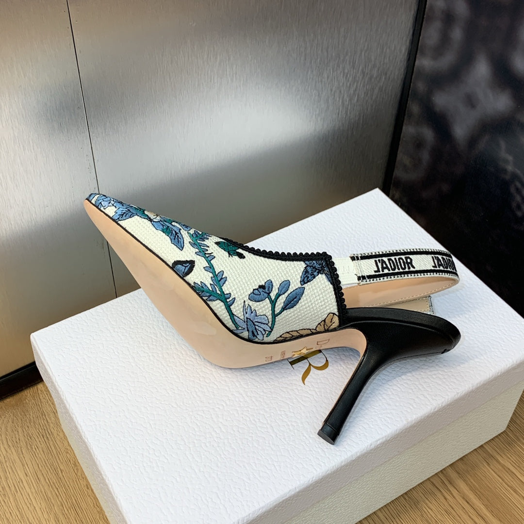 JAdior Slingback Pump 95 Pastel Midnight Blue Multicolor Embroidered Cotton with Toile de Jouy Mexico Motif