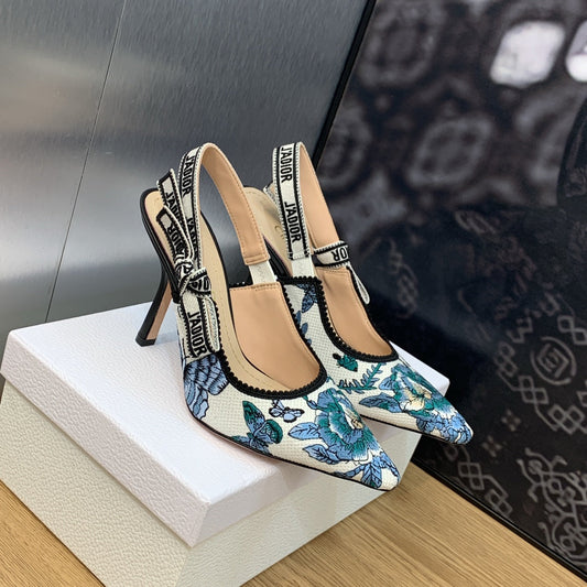 JAdior Slingback Pump 95 Pastel Midnight Blue Multicolor Embroidered Cotton with Toile de Jouy Mexico Motif