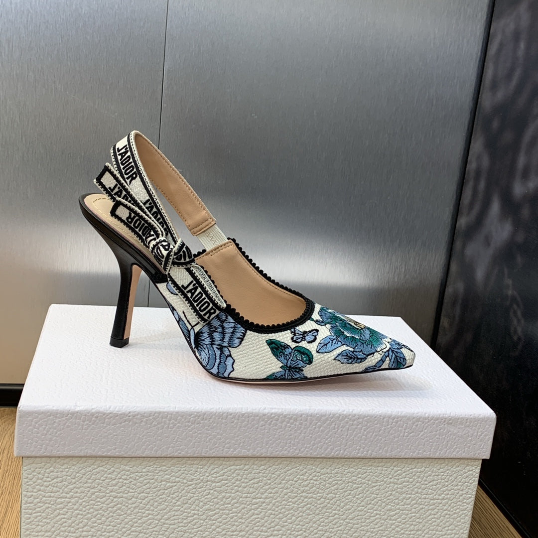 JAdior Slingback Pump 95 Pastel Midnight Blue Multicolor Embroidered Cotton with Toile de Jouy Mexico Motif