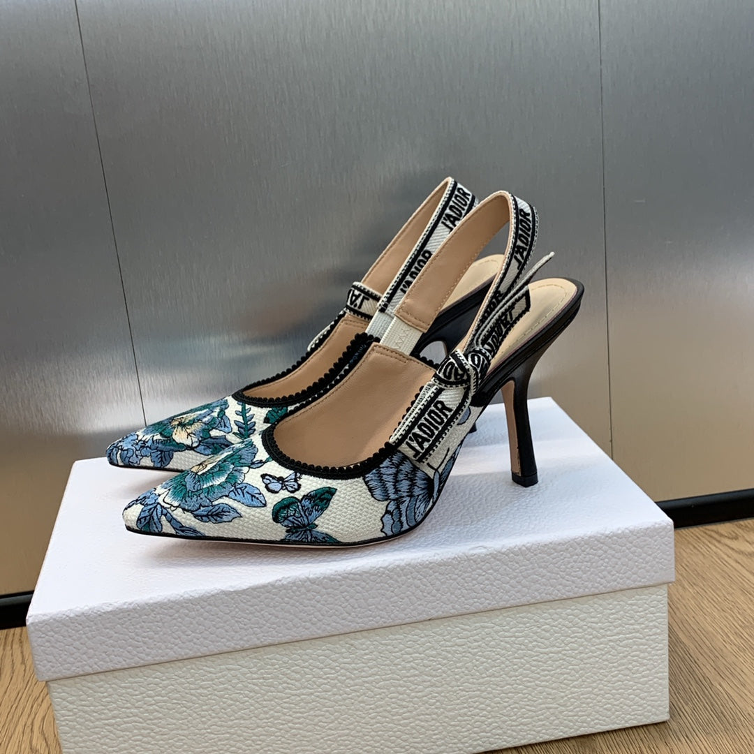 JAdior Slingback Pump 95 Pastel Midnight Blue Multicolor Embroidered Cotton with Toile de Jouy Mexico Motif