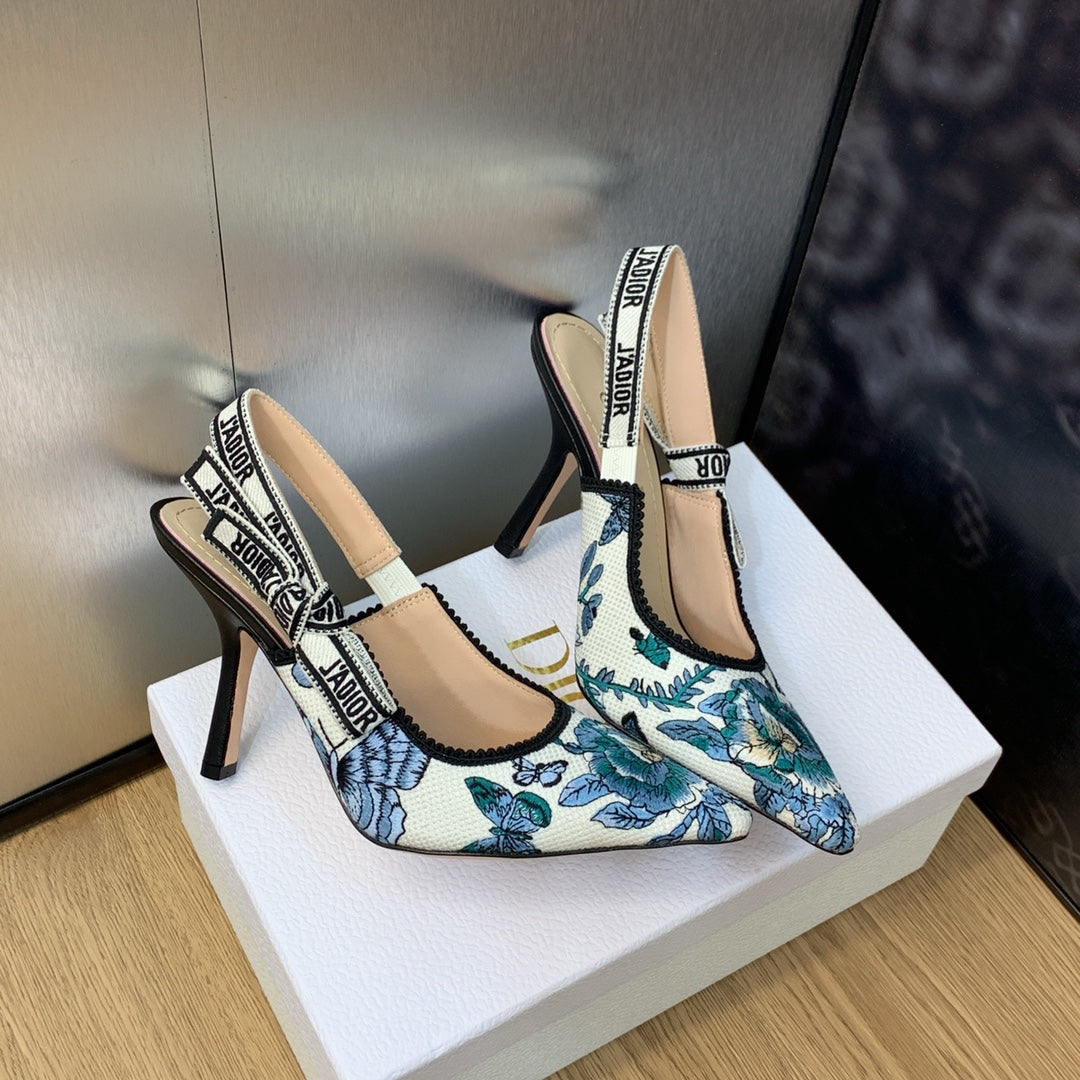 JAdior Slingback Pump 95 Pastel Midnight Blue Multicolor Embroidered Cotton with Toile de Jouy Mexico Motif