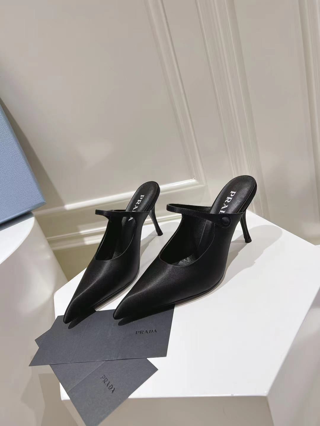 PRA HIGH-HEELED MULES BLACK SATIN