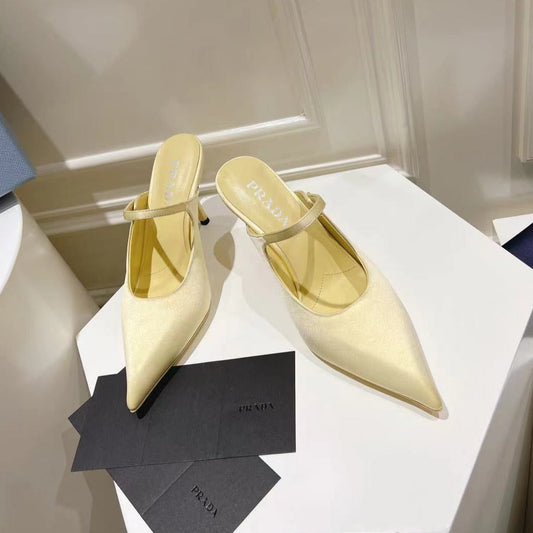 PRA HIGH-HEELED MULES YELLOW CREAM SATIN