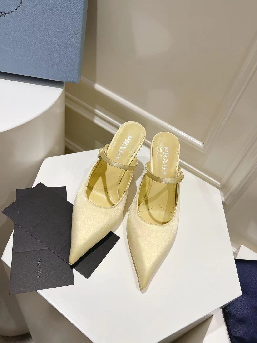 PRA HIGH-HEELED MULES YELLOW CREAM SATIN