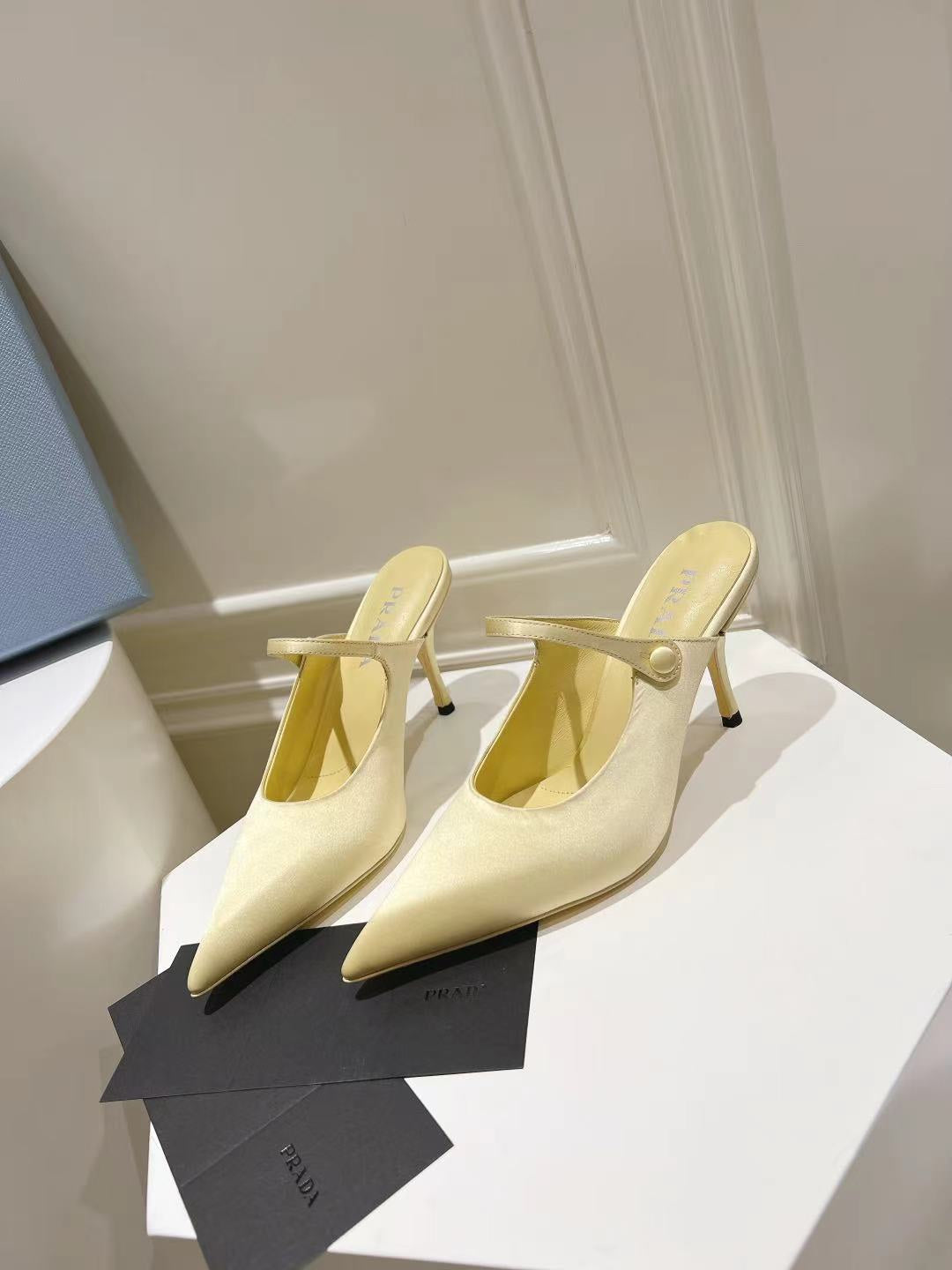 PRA HIGH-HEELED MULES YELLOW CREAM SATIN