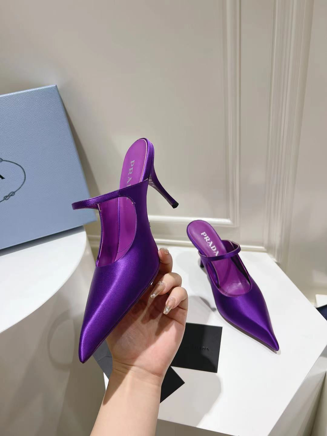 PRA HIGH-HEELED MULES VIOLET SATIN