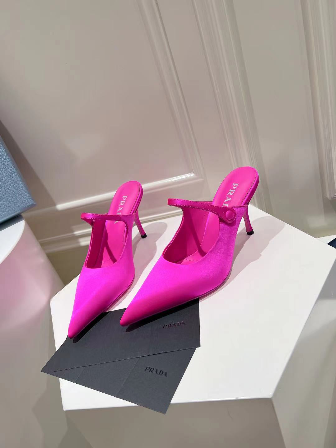 PRA HIGH-HEELED MULES BRIGHT PINK SATIN