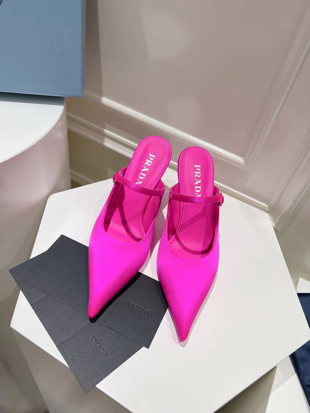 PRA HIGH-HEELED MULES BRIGHT PINK SATIN