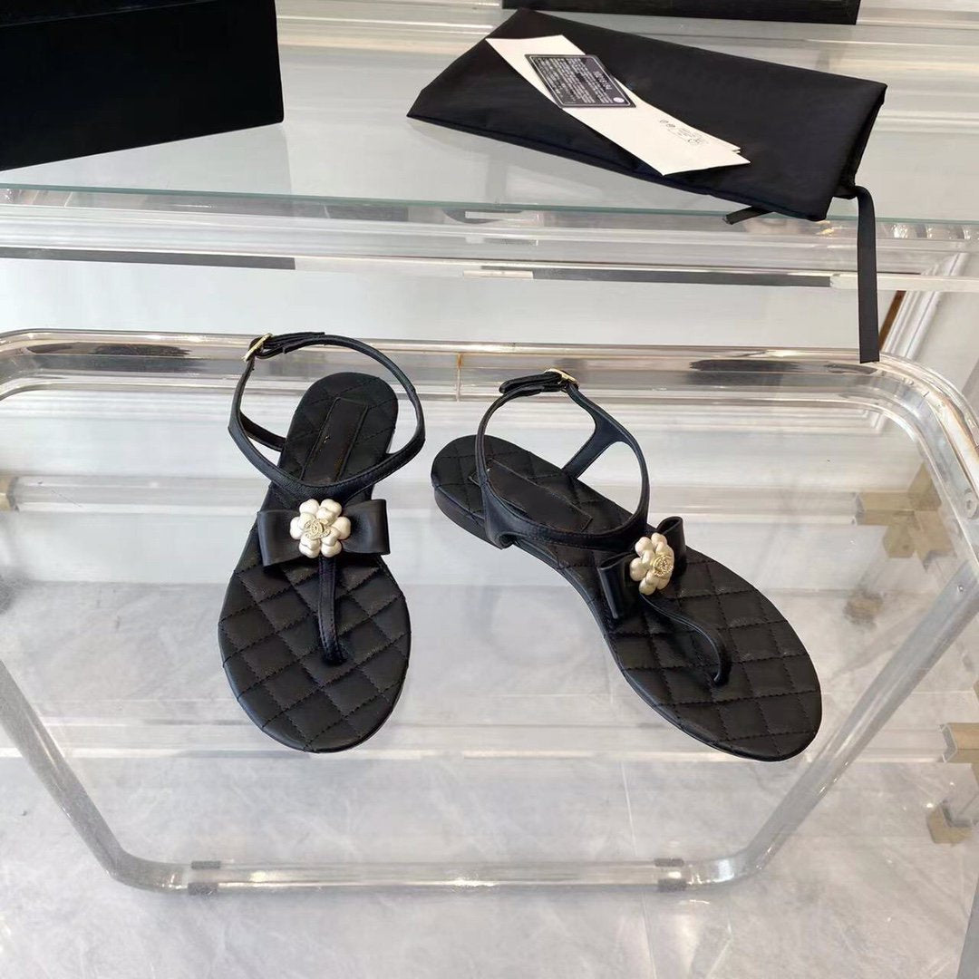 sandal black quilted lambskin flower cc