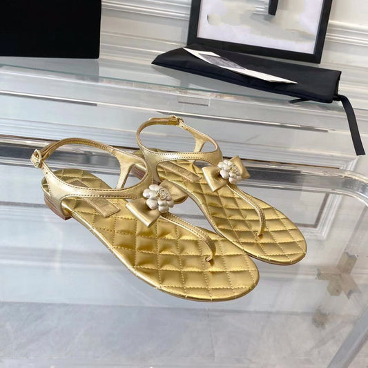 sandal gold metalic lambskin flower cc