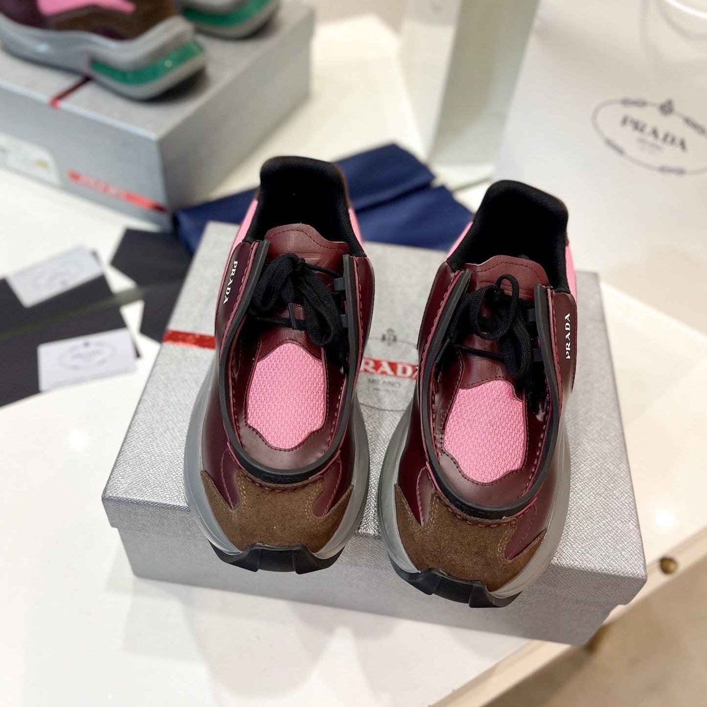 PRA SYSTEME BRUSHED SNEAKERS WINE AND PINK CALFSKIN