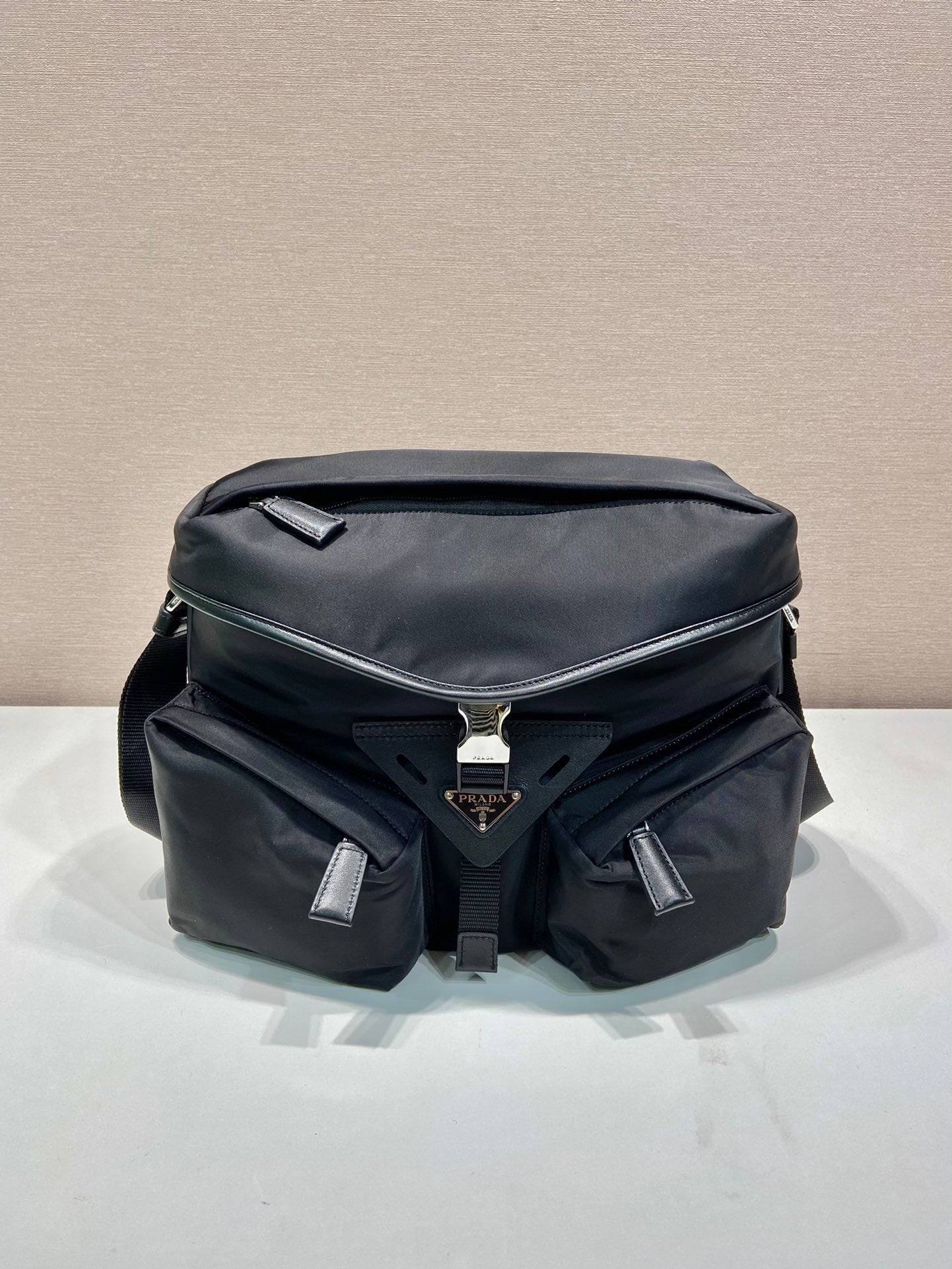 CROSSBODY BAG 29 IN BLACK RE-NYLON AND CALFSKIN TRIM