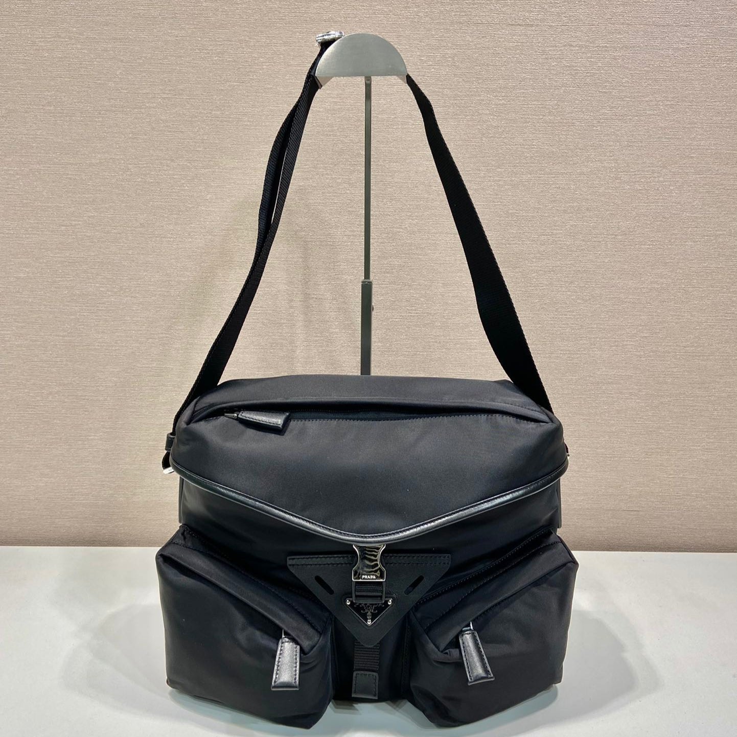 CROSSBODY BAG 29 IN BLACK RE-NYLON AND CALFSKIN TRIM