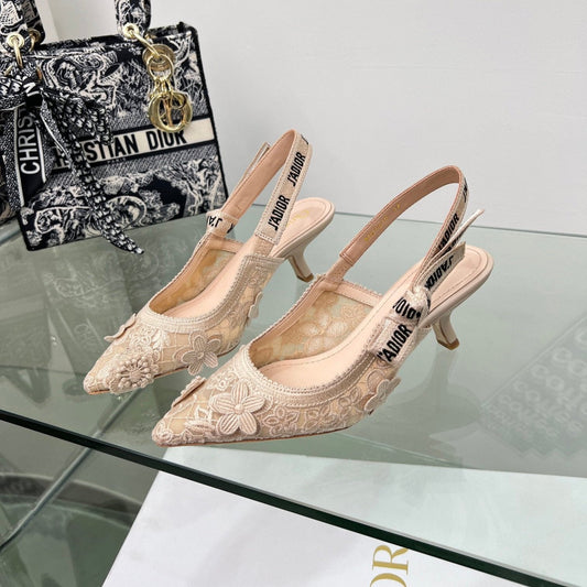 J'Adior Slingback Pump 65mm In Beige Floral Embroidered Lace Fabric 100841