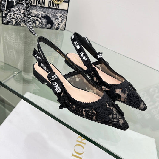 J'Adior Slingback Pump In Black Floral Embroidered Lace Fabric  100848