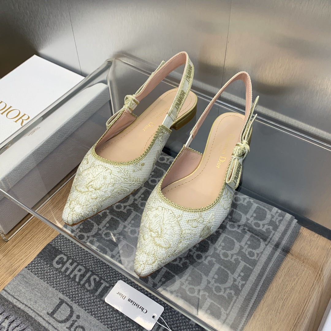 JAdior Slingback Flat White and Gold-Tone Toile de Jouy Mexico Embroidered Cotton with Metallic Thread