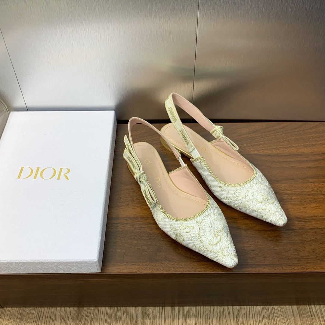 JAdior Slingback Flat White and Gold-Tone Toile de Jouy Mexico Embroidered Cotton with Metallic Thread