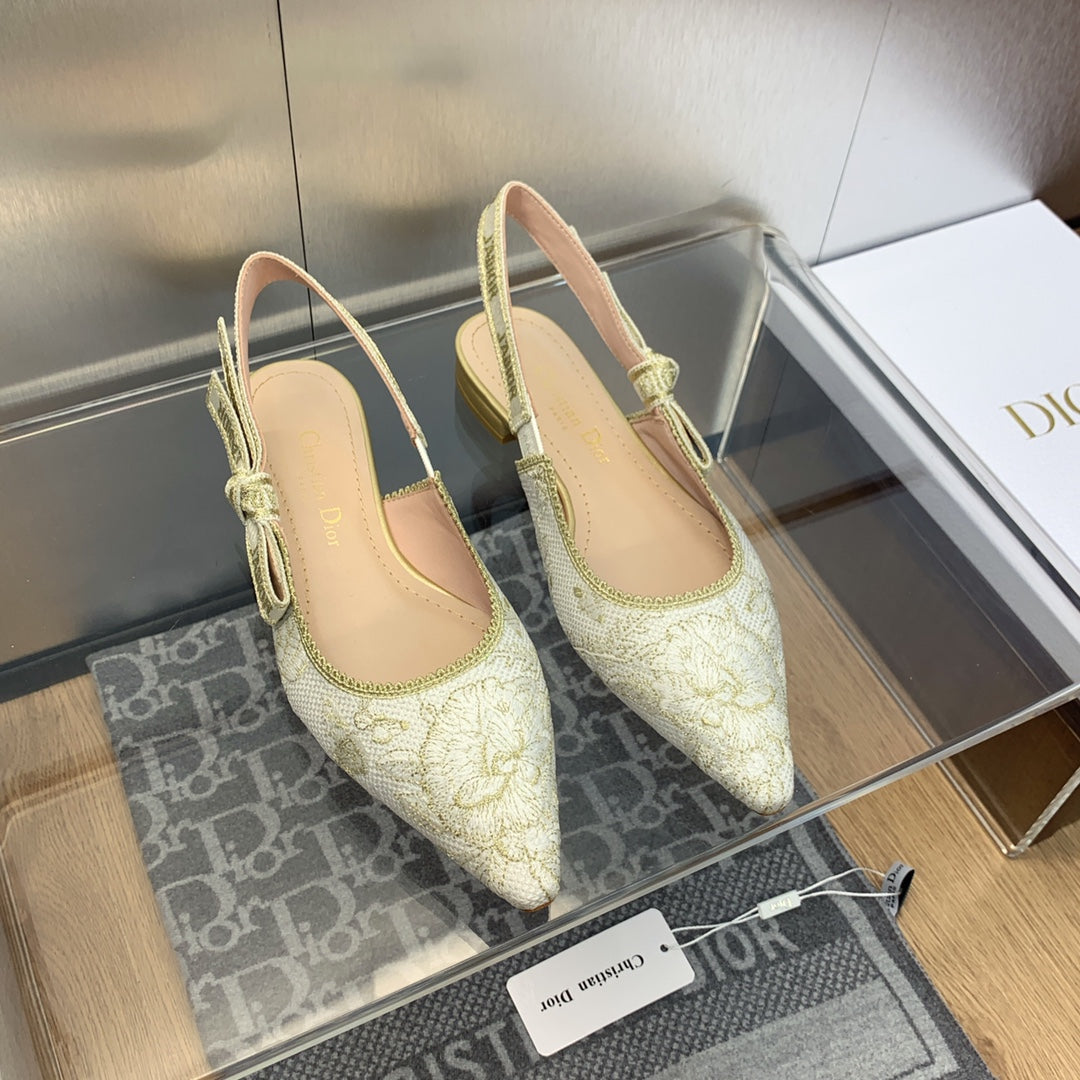 JAdior Slingback Flat White and Gold-Tone Toile de Jouy Mexico Embroidered Cotton with Metallic Thread