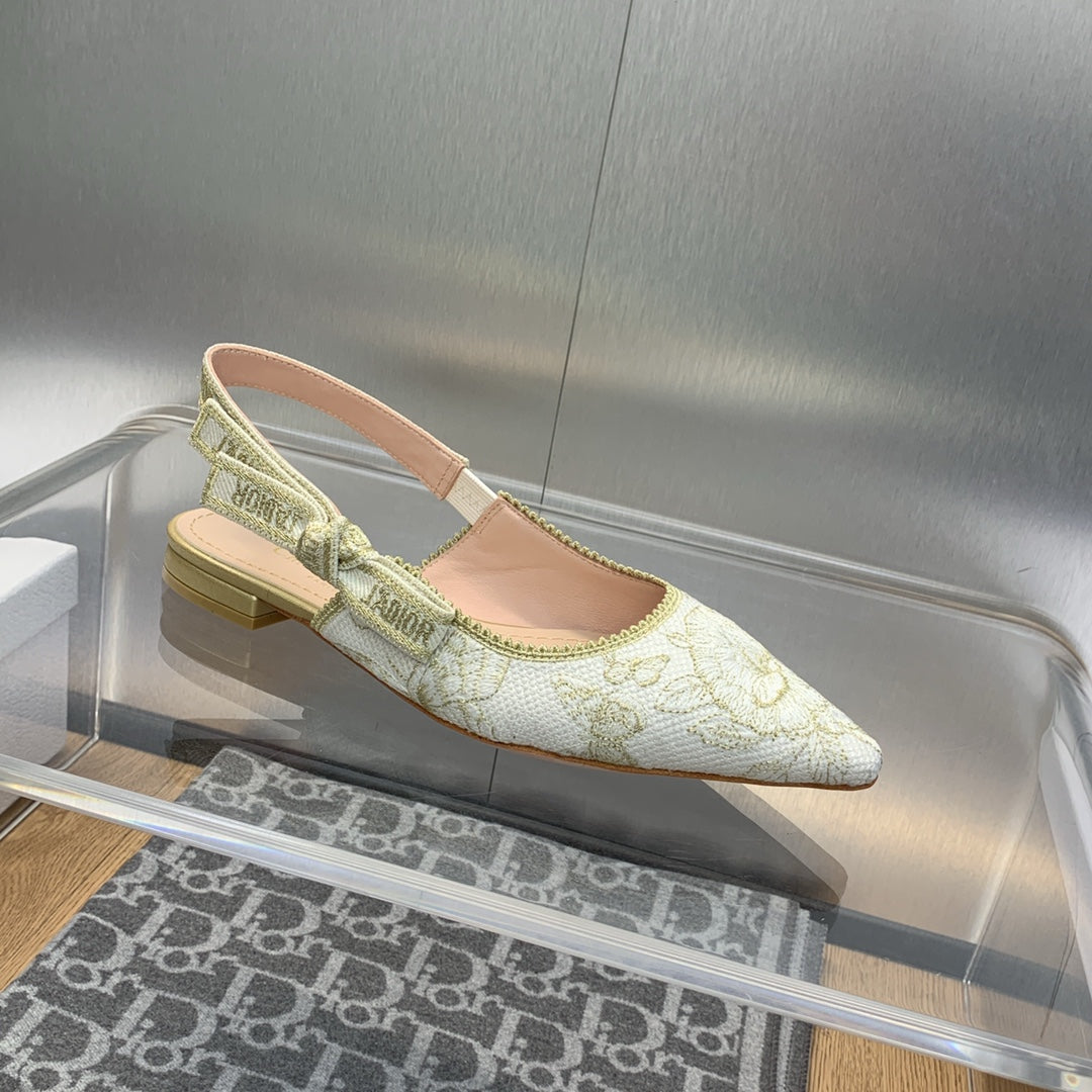 JAdior Slingback Flat White and Gold-Tone Toile de Jouy Mexico Embroidered Cotton with Metallic Thread