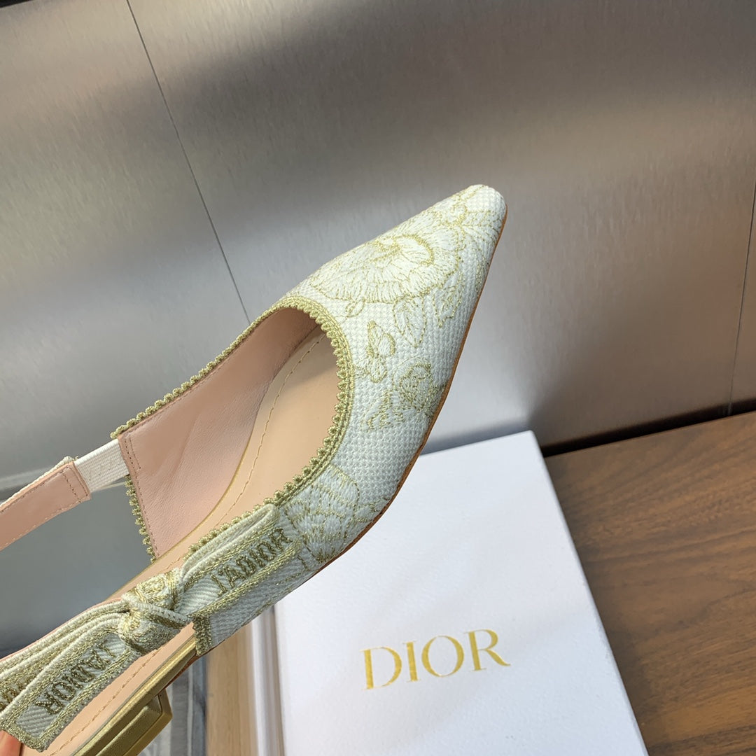 JAdior Slingback Flat White and Gold-Tone Toile de Jouy Mexico Embroidered Cotton with Metallic Thread