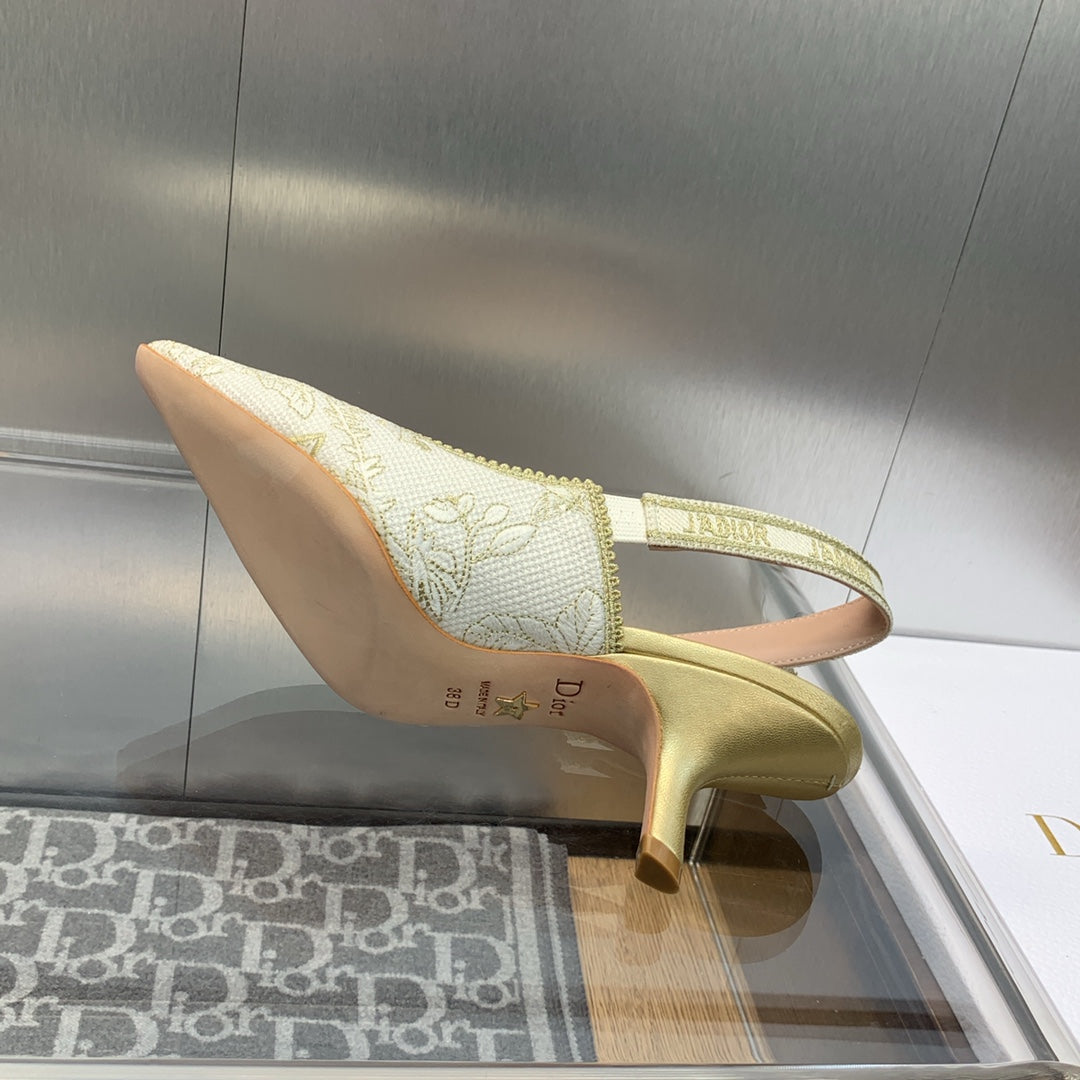 JAdior Slingback Pump 65 White and Gold-Tone Toile de Jouy Mexico Embroidered Cotton with Metallic Thread