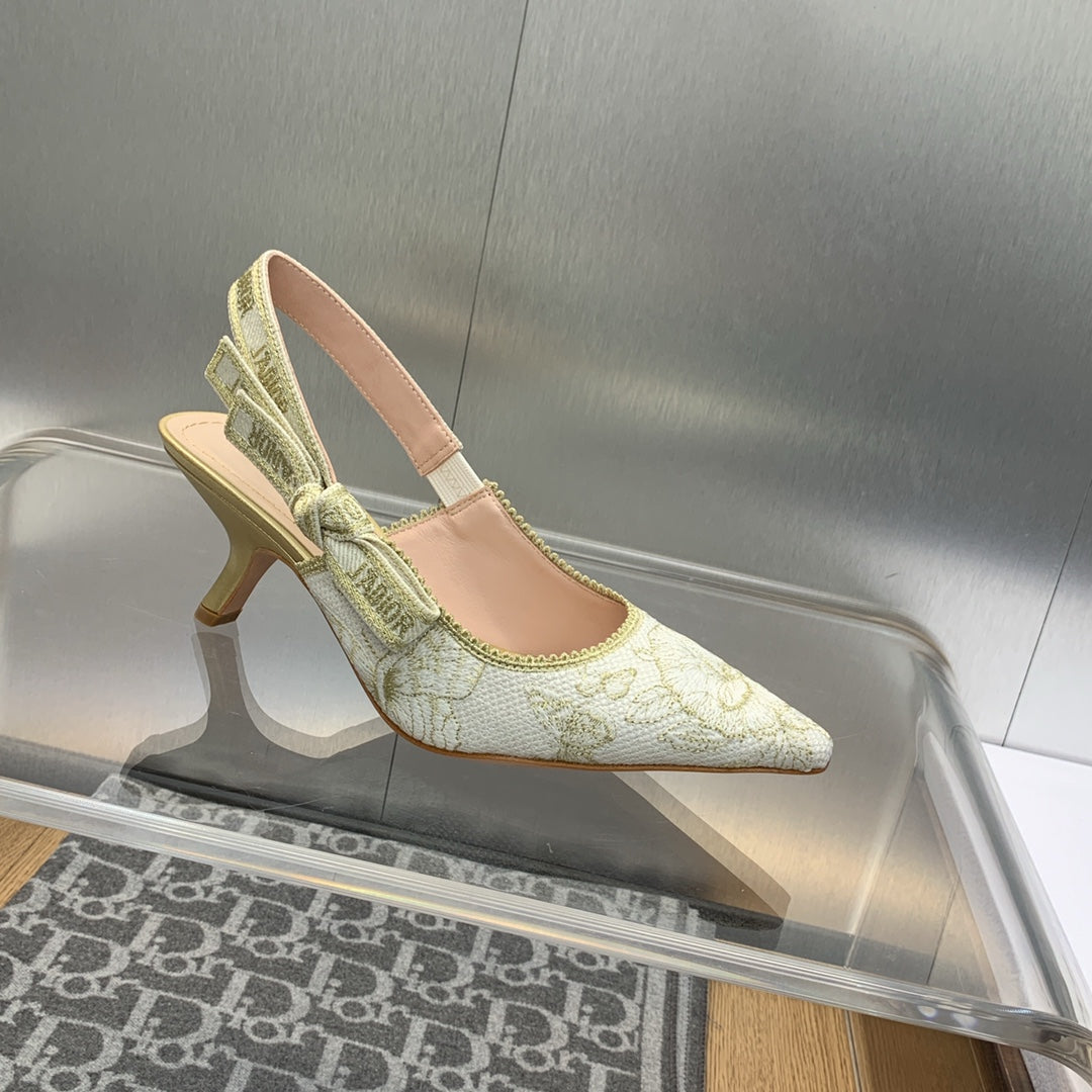 JAdior Slingback Pump 65 White and Gold-Tone Toile de Jouy Mexico Embroidered Cotton with Metallic Thread