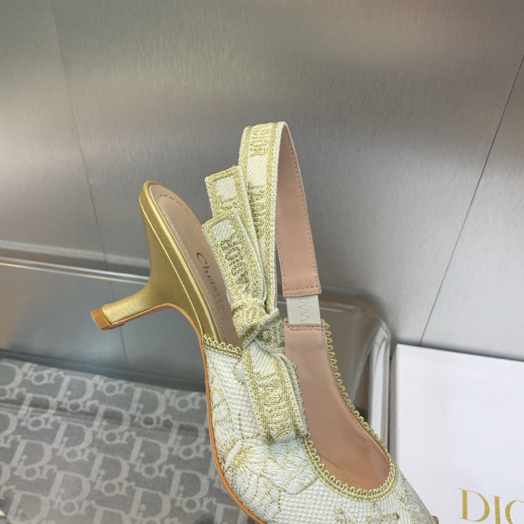 JAdior Slingback Pump 65 White and Gold-Tone Toile de Jouy Mexico Embroidered Cotton with Metallic Thread