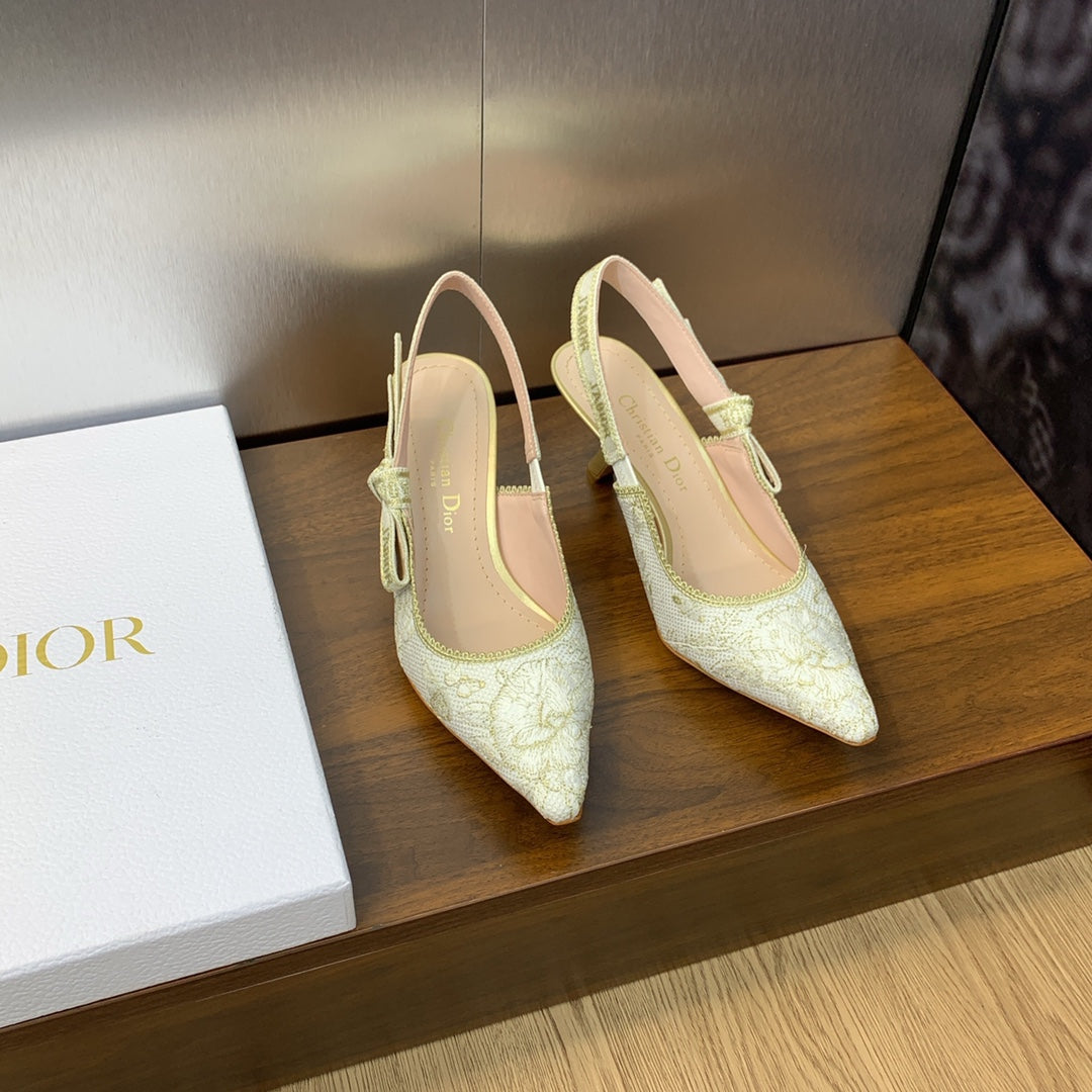 JAdior Slingback Pump 65 White and Gold-Tone Toile de Jouy Mexico Embroidered Cotton with Metallic Thread