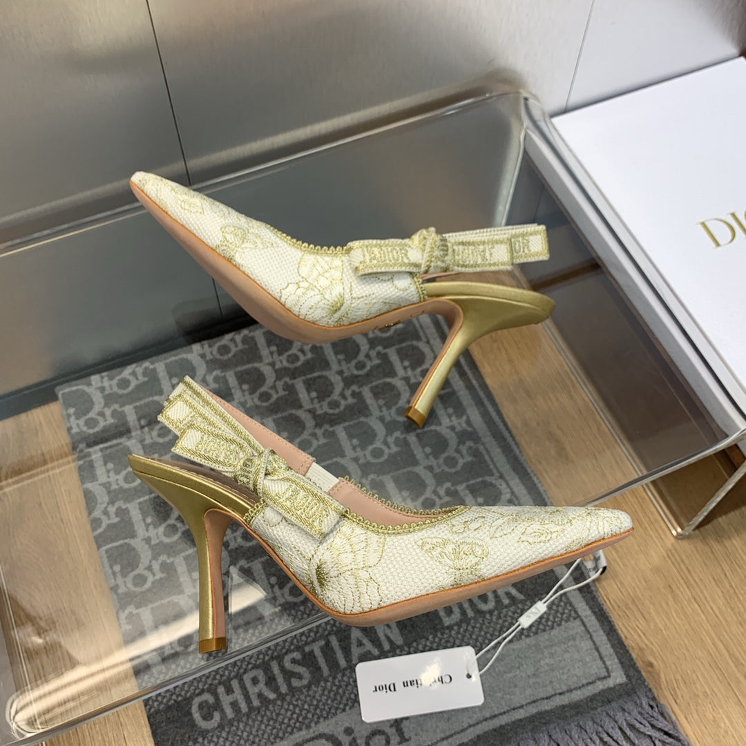 JAdior Slingback Pump 95 White and Gold-Tone Toile de Jouy Mexico Embroidered Cotton with Metallic Thread