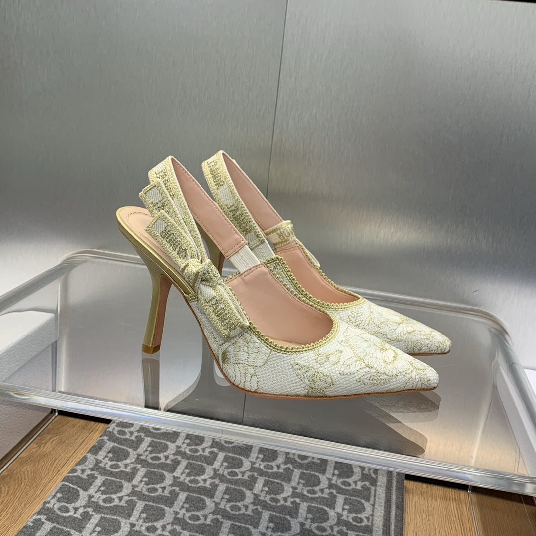 JAdior Slingback Pump 95 White and Gold-Tone Toile de Jouy Mexico Embroidered Cotton with Metallic Thread