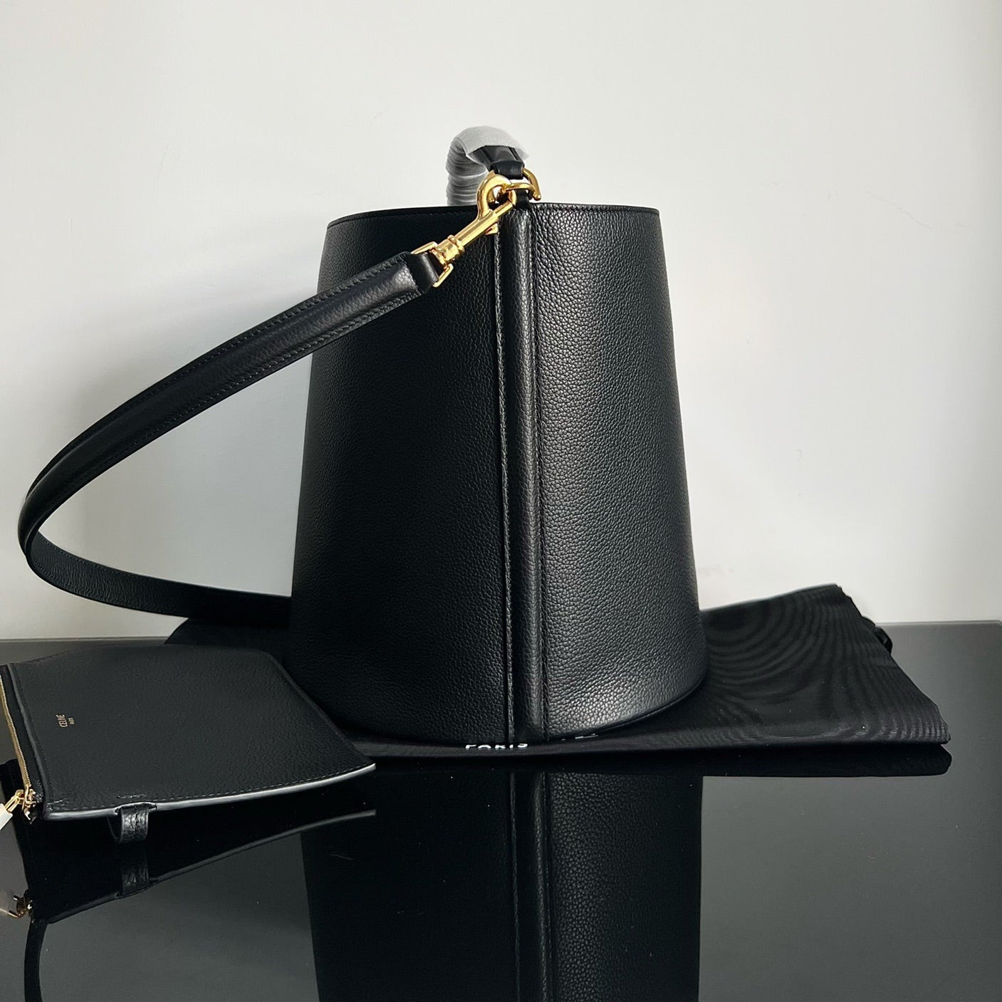 WOOL BUCKET BAG BLACK 24 ORIGINAL CALFSKIN