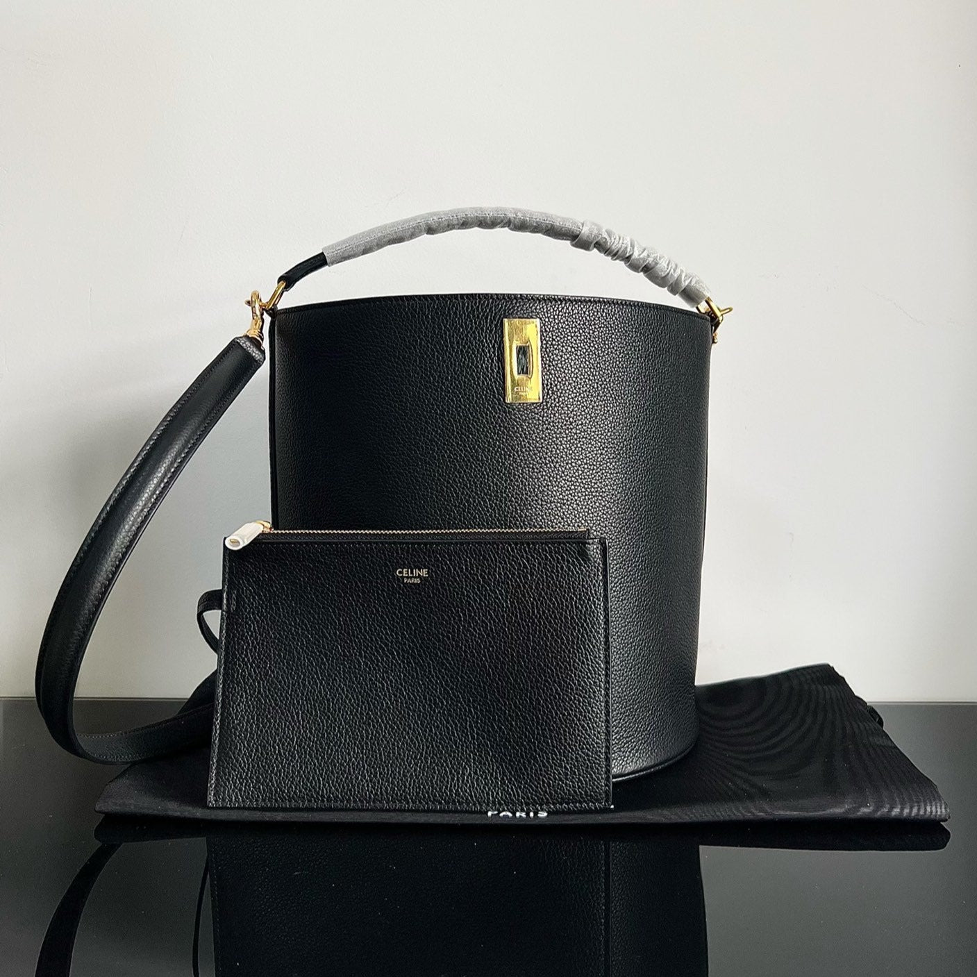 WOOL BUCKET BAG BLACK 24 ORIGINAL CALFSKIN