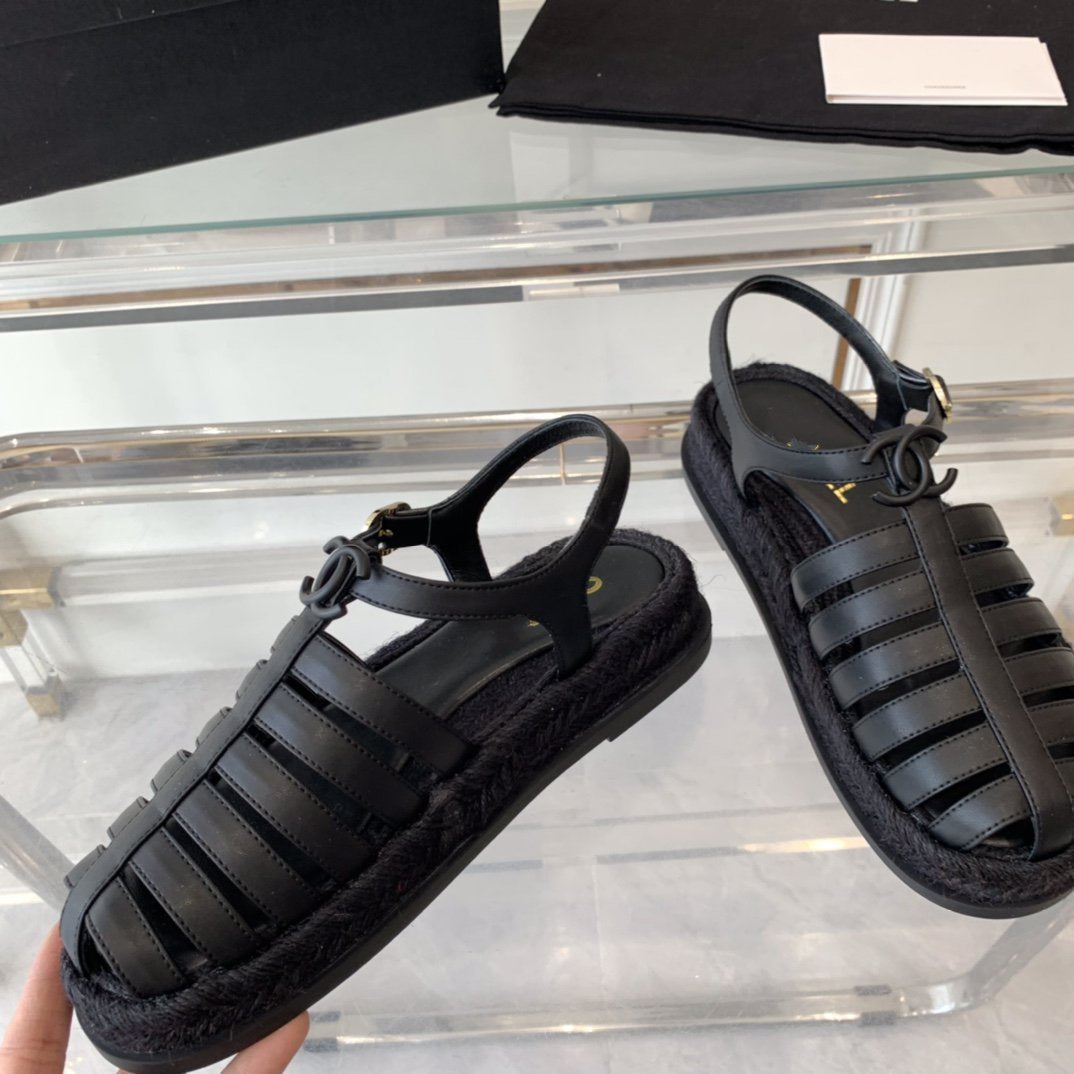 cc roman sandals all black lambskin