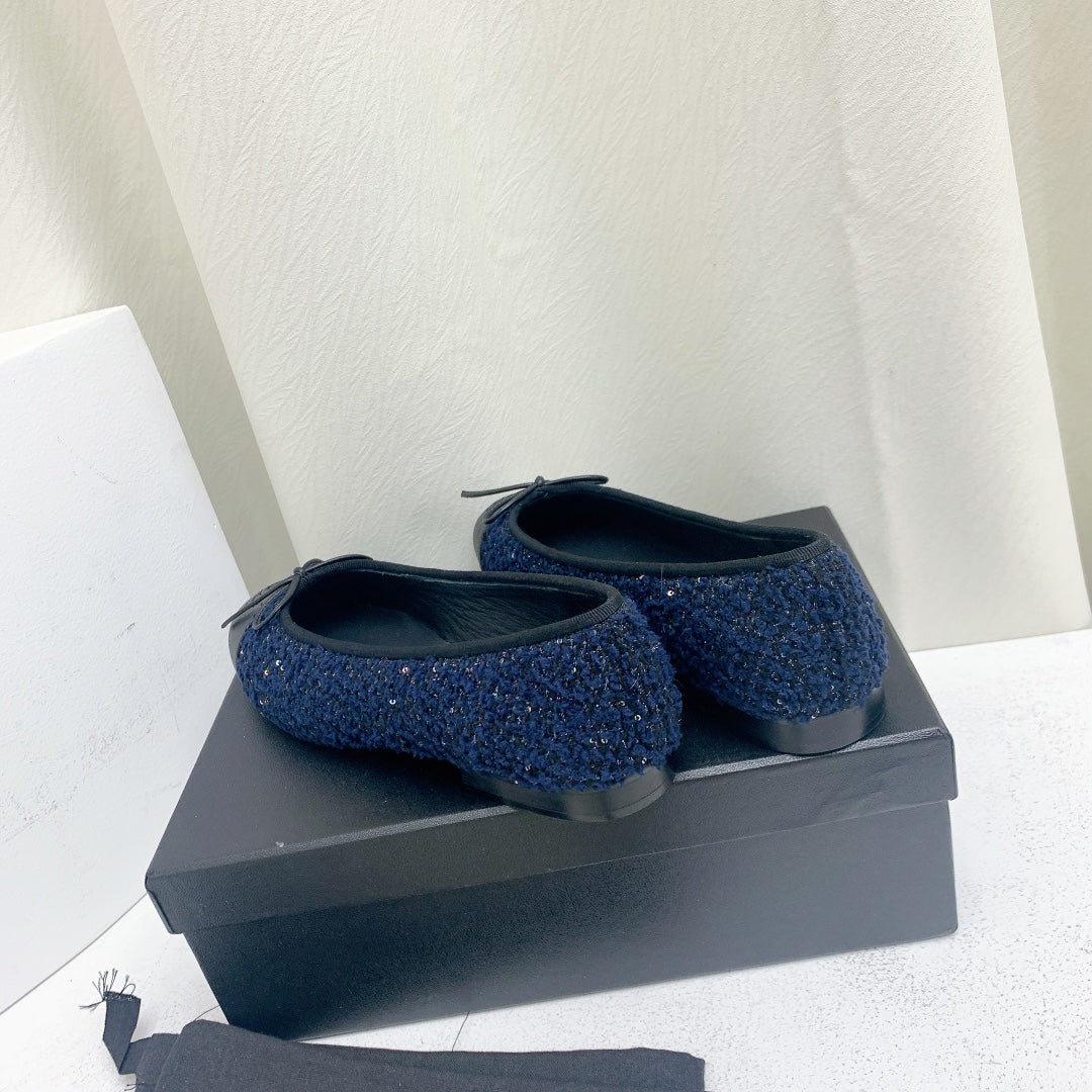 ballet flat dark blue tweed black grosgrain