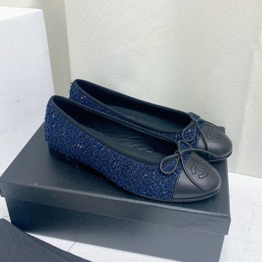 ballet flat dark blue tweed black grosgrain