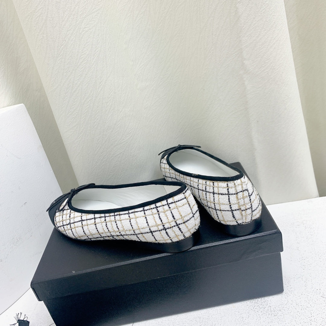 ballet flat white black tweed grosgrain