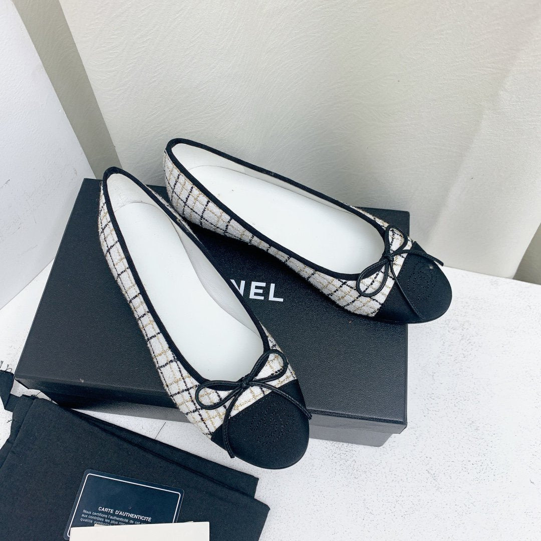 ballet flat white black tweed grosgrain