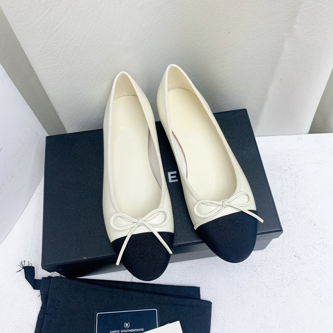 ballet flat white black lambskin grosgrain