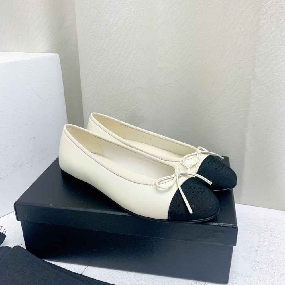 ballet flat white black lambskin grosgrain