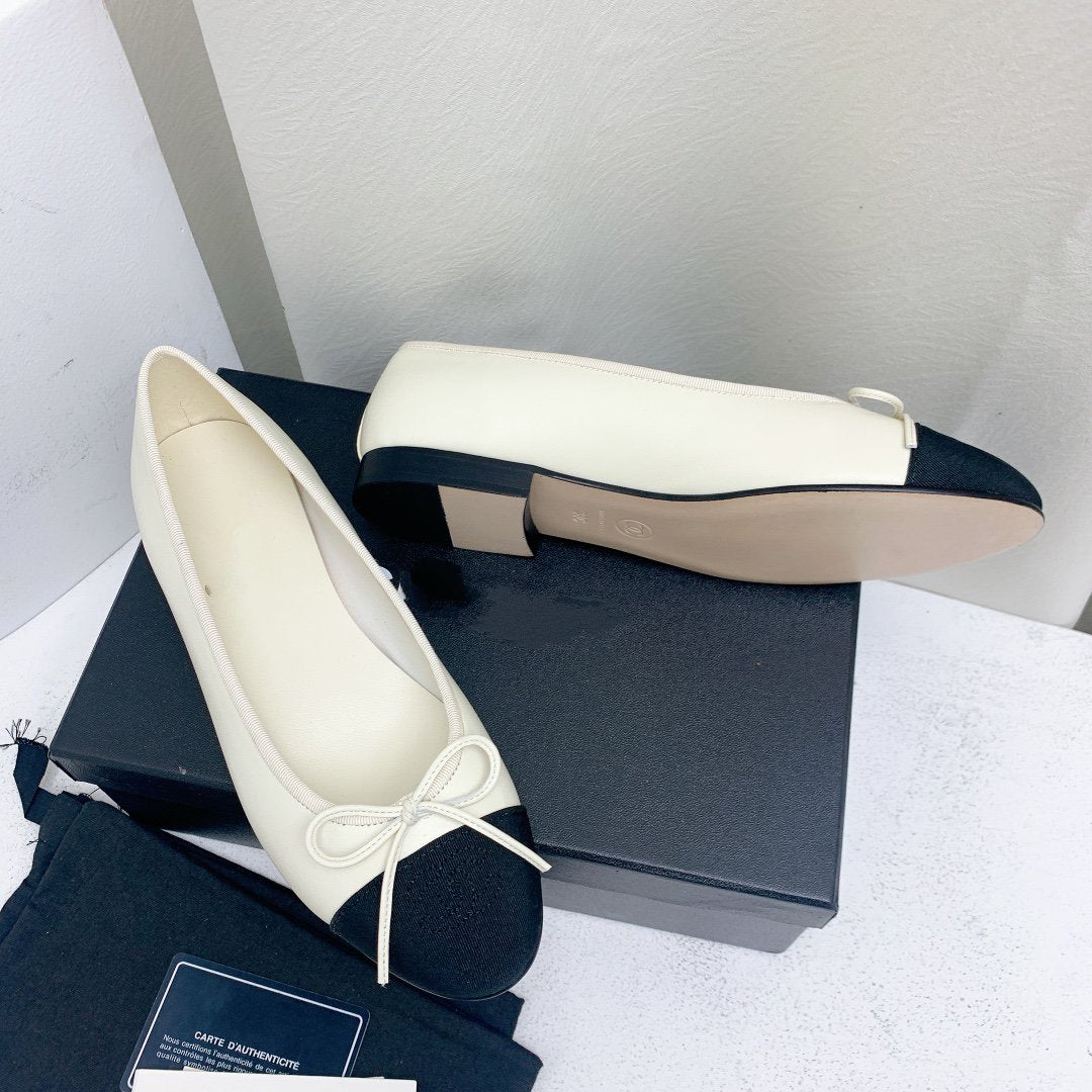 ballet flat white black lambskin grosgrain