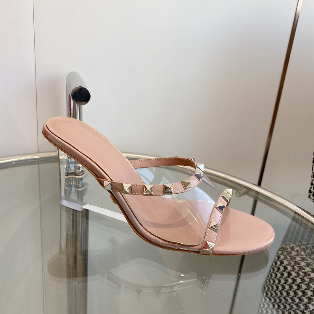 80mm Rockstud Patent Rose Cannelle Leather Mules Transparent