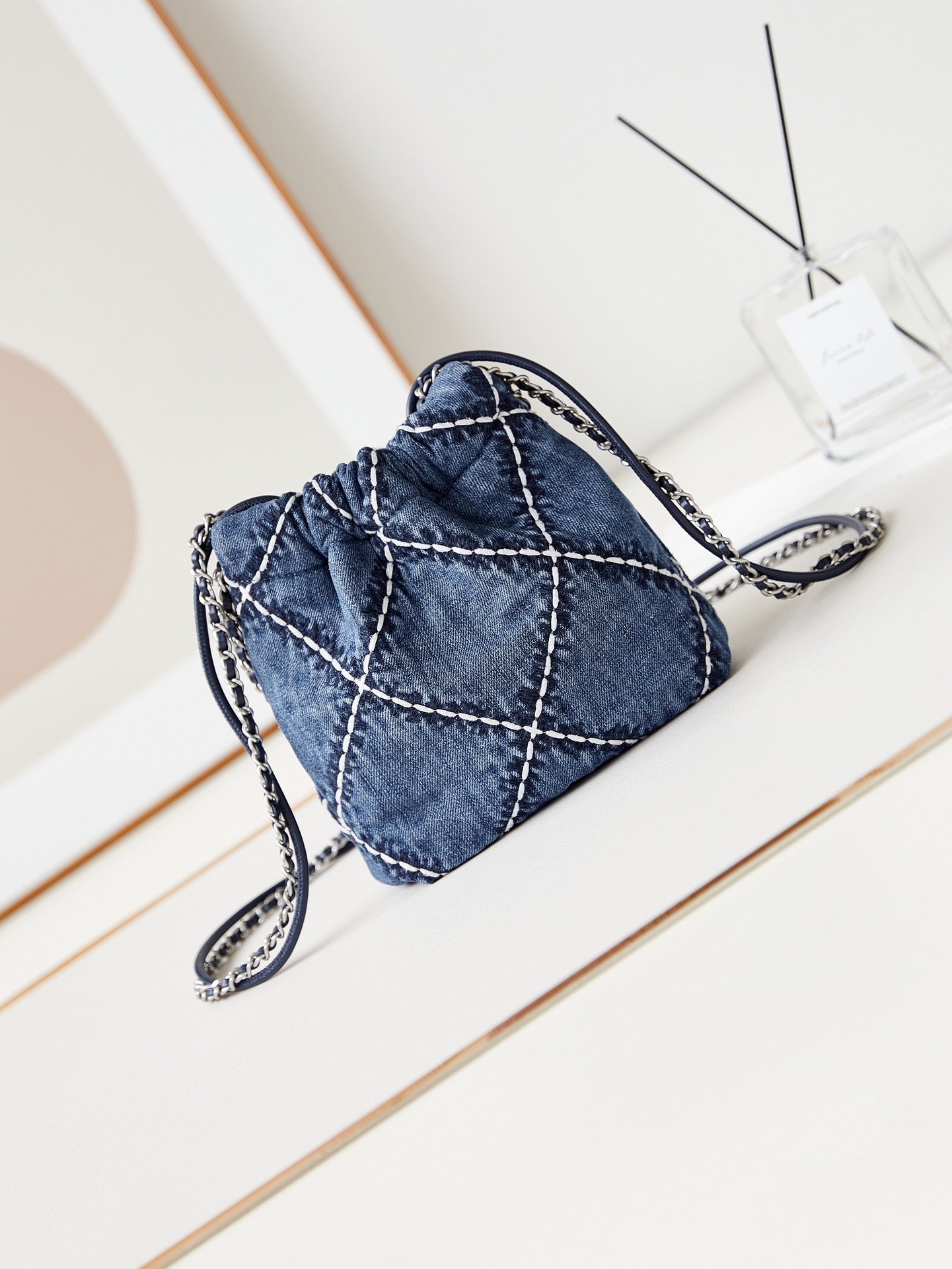 cc 22 mini backpack stitched blue denim silver hardware