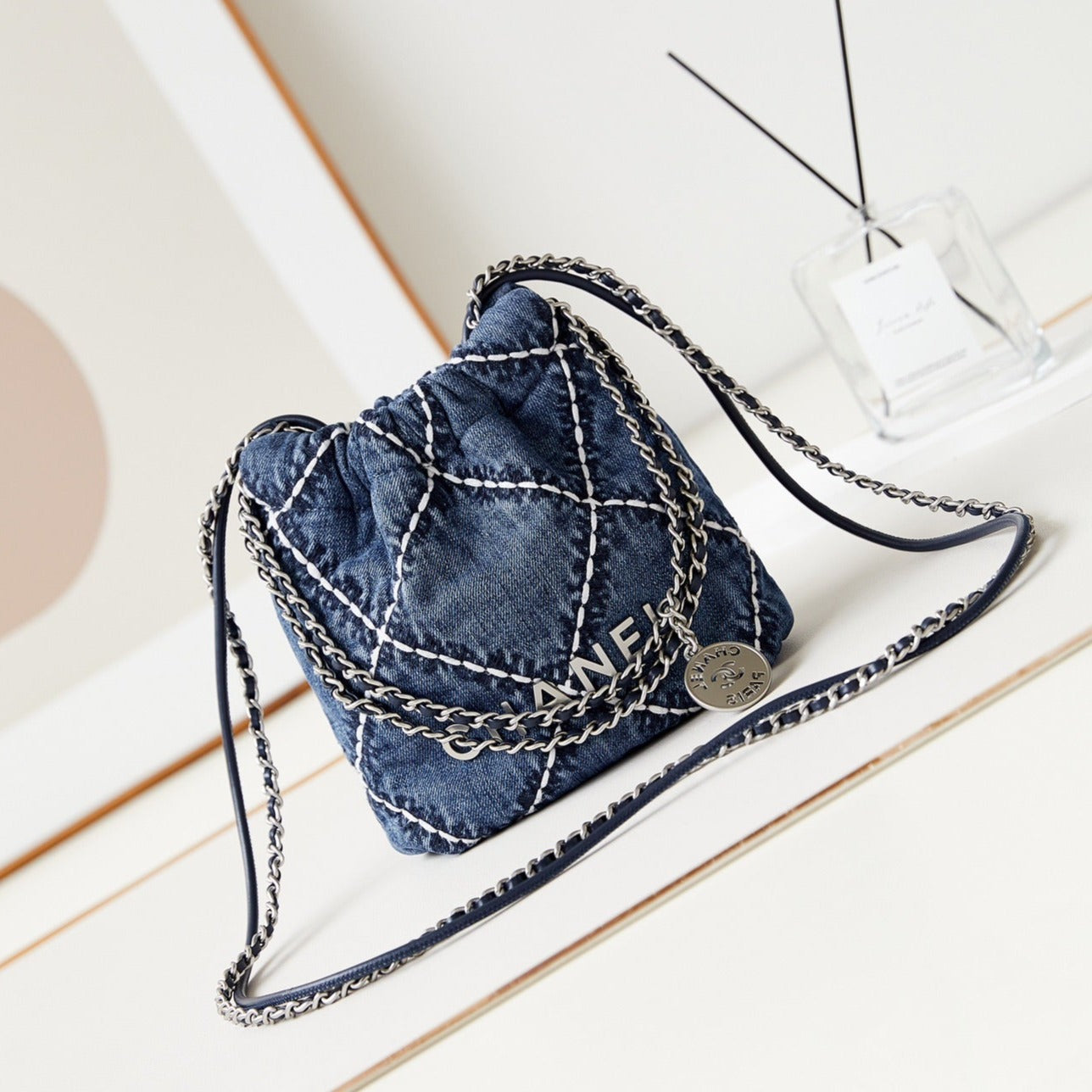 cc 22 mini backpack stitched blue denim silver hardware