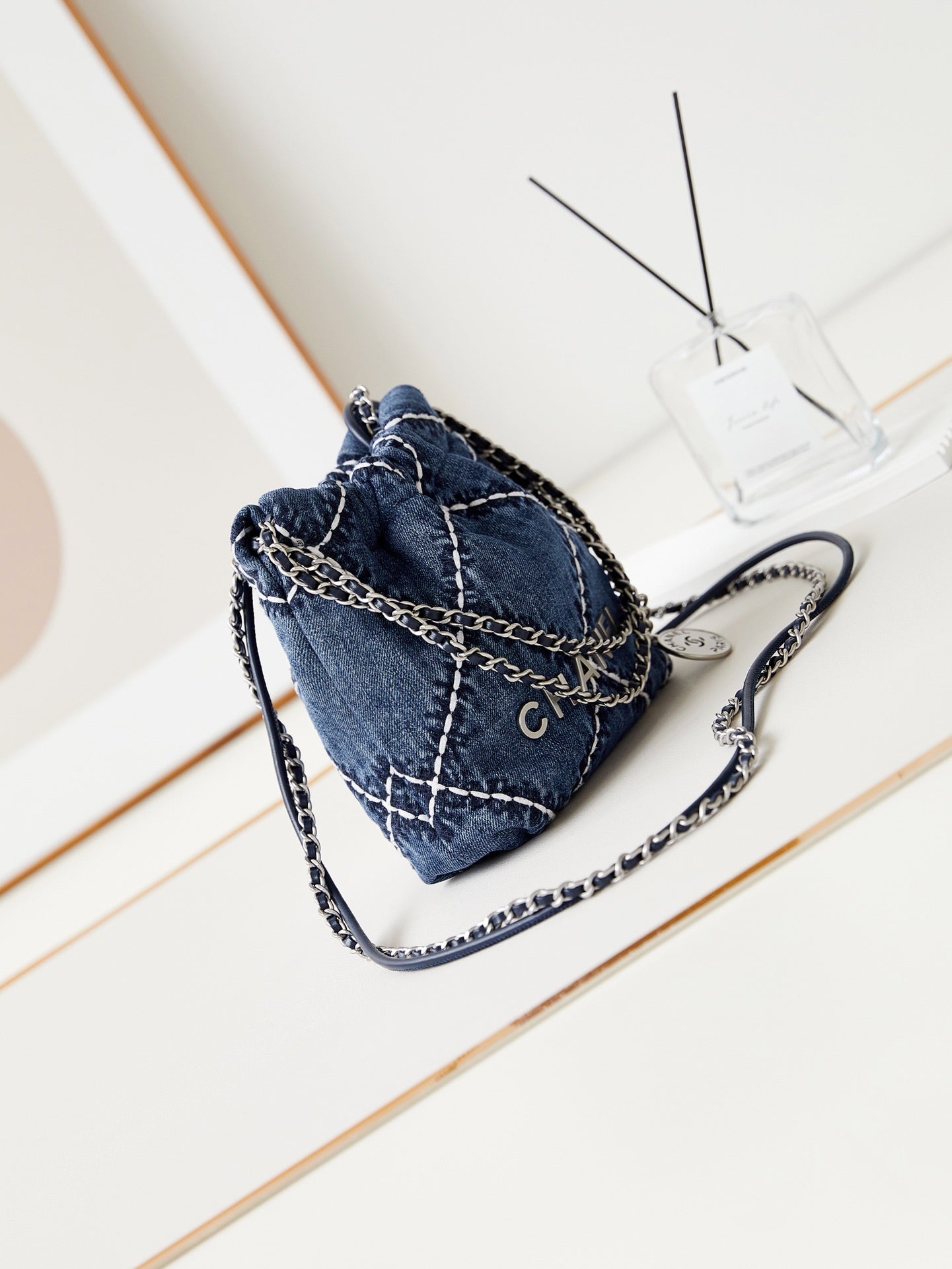 cc 22 mini backpack stitched blue denim silver hardware